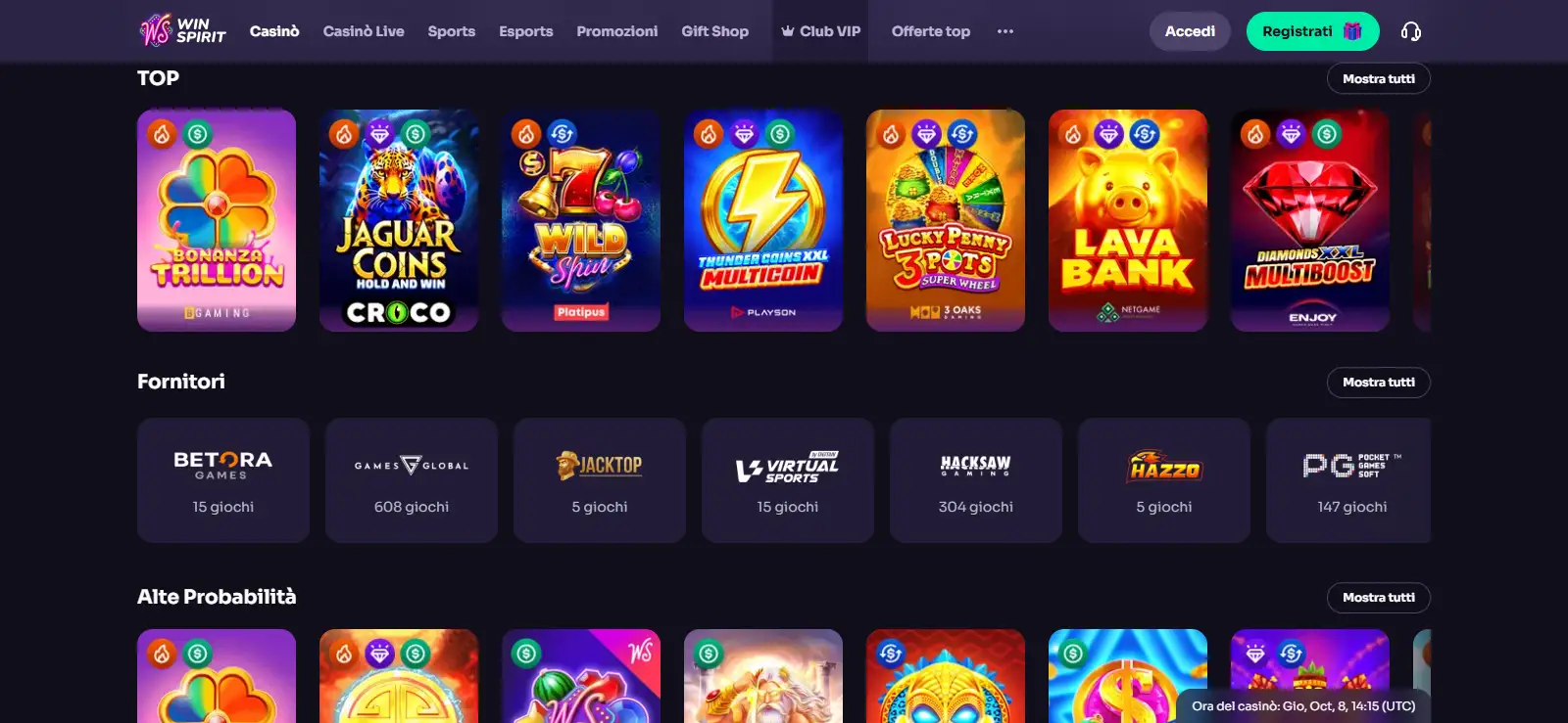 WinSpirit: slot, live casino e catalogo giochi