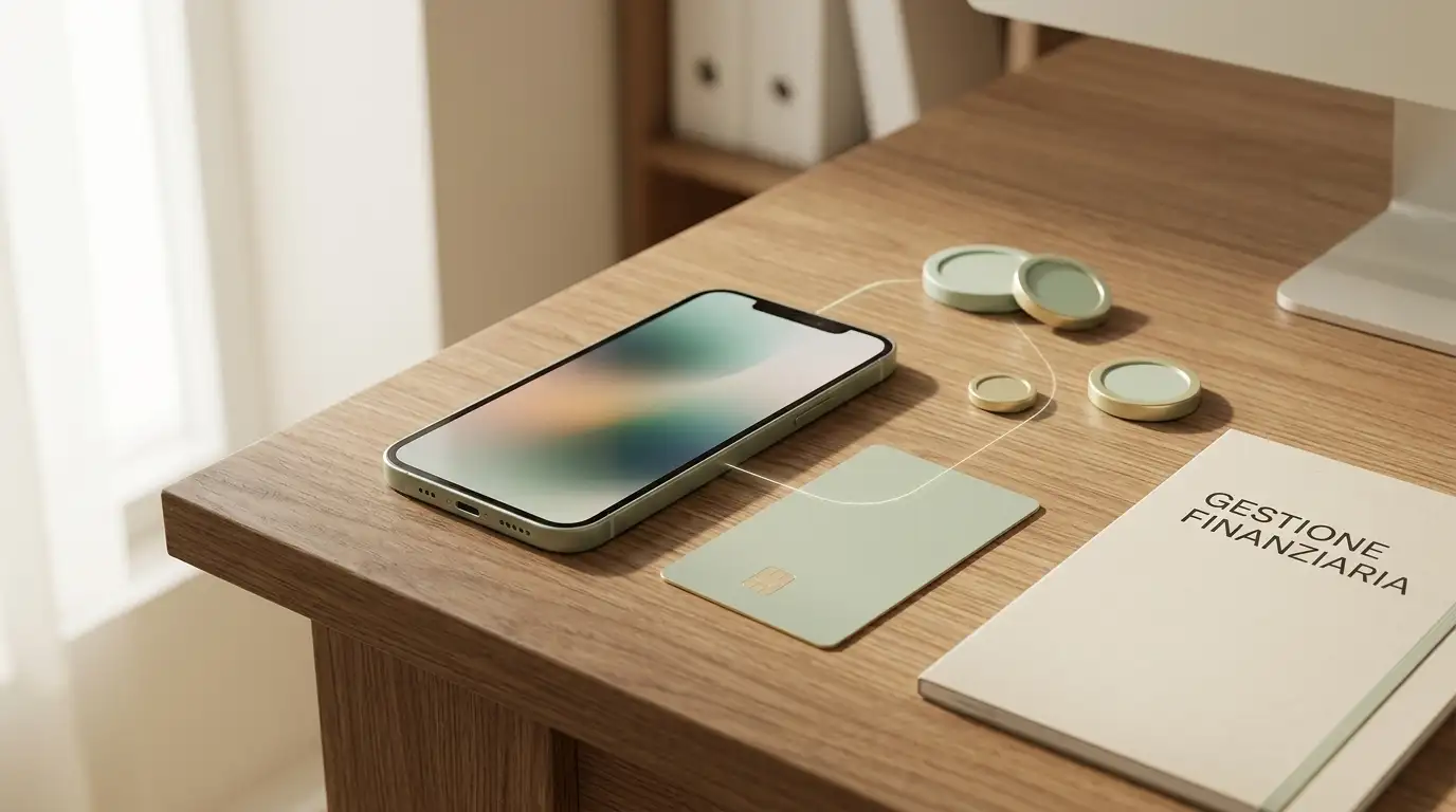 Smartphone su scrivania con simboli astratti di trasferimento digitale e un taccuino